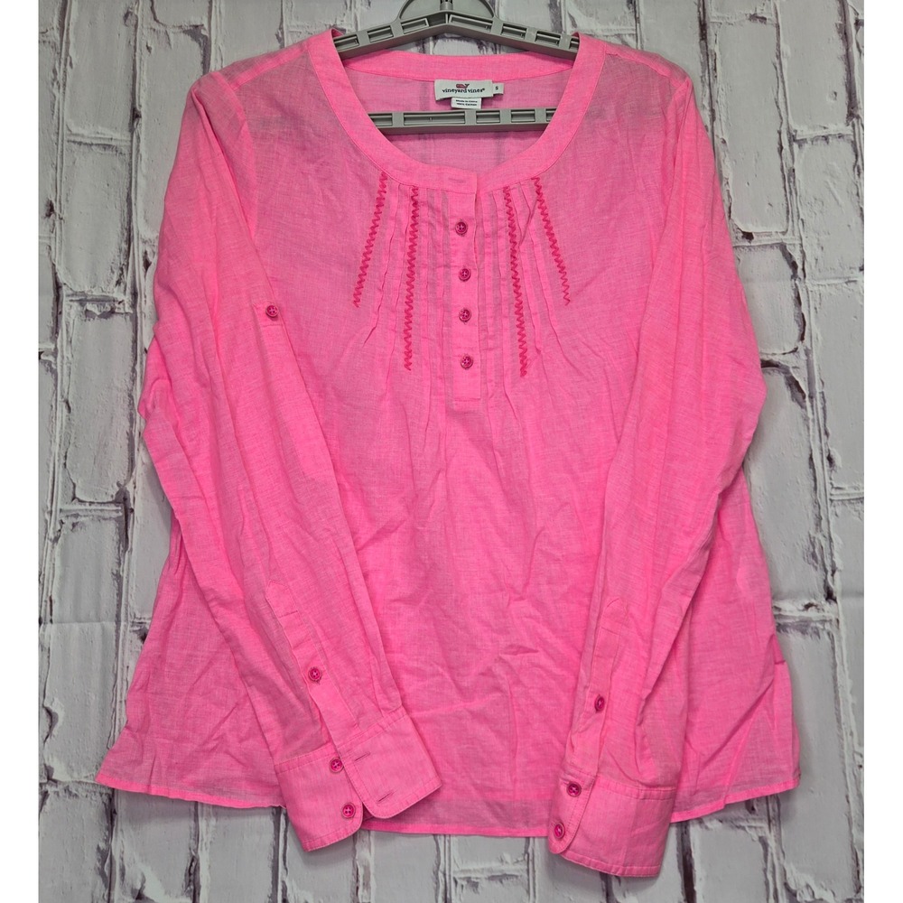 Vineyard Vines Blouse Pink Embroidered Roll Tab Cotton Beach Women Small